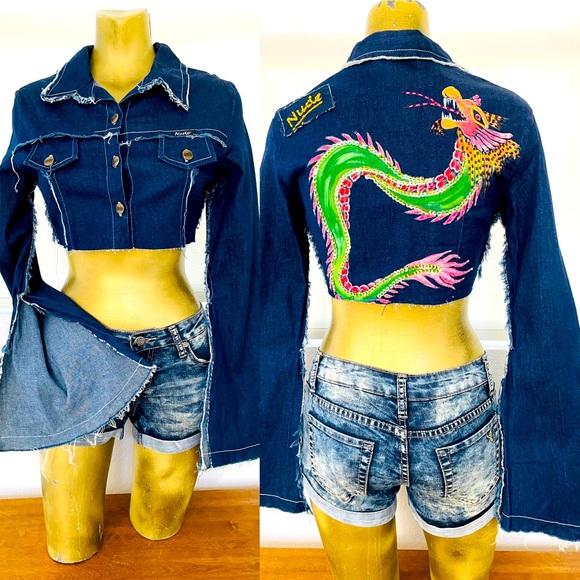 NWT $199 Vintage Y2K NUDE Los Angeles Sequin DRAGON Cropped JEAN JACKET M - Picture 16 of 16